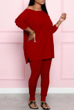 Rose Red Fashion Casual Solid Basic O Neck Long Sleeve Two Pieces