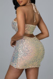 Green Sexy Solid Sequins Patchwork Halter Sleeveless Two Pieces