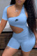 Blue Fashion Sportswear Print Hollowed Out Oblique Collar Rompers