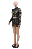 Black Fashion Sexy Patchwork Sequins See-through Half A Turtleneck Long Sleeve Two Pieces