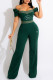 Dark Green Fashion Street Print Patchwork Off the Shoulder Jumpsuits