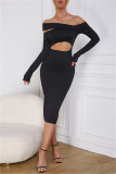 Cream White Fashion Sexy Solid Hollowed Out Off the Shoulder Long Sleeve Dresses