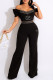 Black Fashion Street Print Patchwork Off the Shoulder Jumpsuits