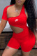 Red Fashion Sportswear Print Hollowed Out Oblique Collar Rompers