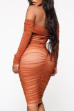 Brown Sexy Solid Split Joint Fold Off the Shoulder One Step Skirt Dresses