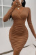 Brown Sexy Solid Patchwork Fold V Neck One Step Skirt Dresses