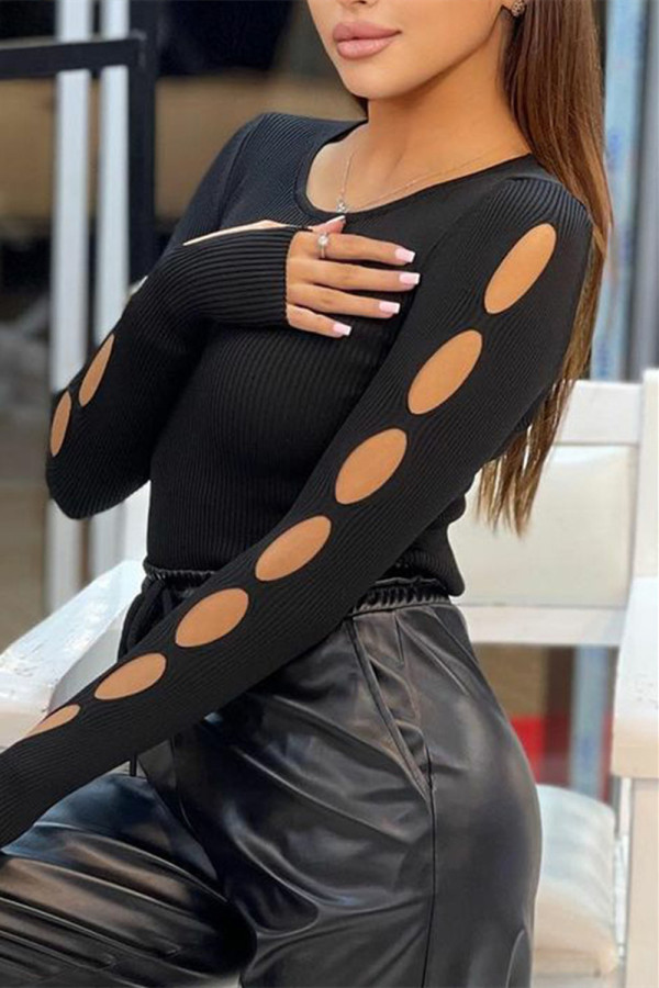 Black Fashion Casual Solid Hollowed Out O Neck Tops