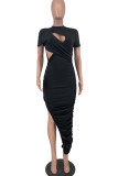 Red Sexy Solid Hollowed Out Patchwork Fold Asymmetrical O Neck Dresses