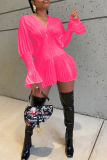 Pink Sexy Solid Mesh V Neck Cake Skirt Dresses