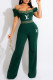 Dark Green Fashion Street Print Patchwork Off the Shoulder Jumpsuits