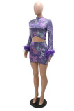 Purple Fashion Sexy Patchwork Sequins Asymmetrical Turtleneck Long Sleeve Two Pieces