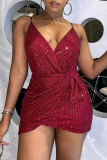 Red Fashion Sexy Patchwork Sequins Backless V Neck Sling Dress Dresses