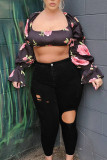 Black Street Print Ripped Patchwork Plus Size Jeans