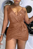 Red Fashion Sexy Patchwork Sequins Backless V Neck Sling Dress Dresses
