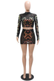Black Fashion Sexy Patchwork Sequins See-through Half A Turtleneck Long Sleeve Two Pieces