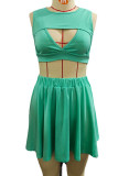 Green Sexy Solid Hollowed Out Patchwork O Neck Sleeveless Two Pieces