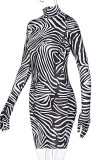 Zebra Fashion Sexy Print Basic Turtleneck Long Sleeve Dresses