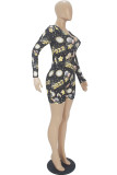 Black Casual Print Without Belt V Neck Regular Rompers