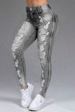Grey Fashion Casual Solid Ripped Mid Waist Skinny Jeans