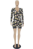 Black Casual Print Without Belt V Neck Regular Rompers