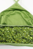 Green Sexy Solid Sequins Patchwork Halter Sleeveless Two Pieces
