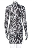 Zebra Fashion Sexy Print Basic Turtleneck Long Sleeve Dresses