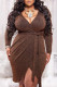 Brown Fashion Sexy Solid Frenulum Bright Silk V Neck Long Sleeve Plus Size Dresses