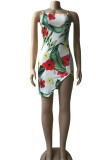 Multicolor Sexy Print Patchwork Slit Spaghetti Strap Sling Dress Dresses