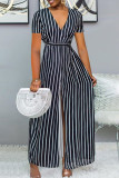 Black Fashion Casual Striped Slit V Neck Short Sleeve Dress Dresses