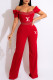 Red Fashion Street Print Patchwork Off the Shoulder Jumpsuits