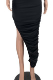 Red Sexy Solid Hollowed Out Patchwork Fold Asymmetrical O Neck Dresses