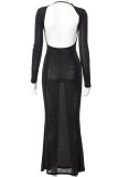 Black Sexy Solid Patchwork Backless Asymmetrical Collar Dresses