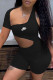 Black Fashion Sportswear Print Hollowed Out Oblique Collar Rompers