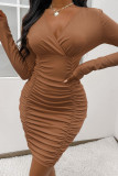 Brown Sexy Solid Patchwork Fold V Neck One Step Skirt Dresses