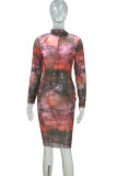 Multicolor Fashion Sexy Print Patchwork Turtleneck Long Sleeve Dresses
