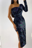 Colour Sexy Solid Sequins Patchwork Asymmetrical Asymmetrical Collar Dresses