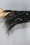 Black Elegant Solid Sequins Split Joint Feathers Off the Shoulder Evening Dress Dresses