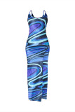 Blue Fashion Sexy Print Backless Slit Spaghetti Strap Long Dress