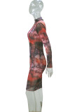 Multicolor Fashion Sexy Print Patchwork Turtleneck Long Sleeve Dresses