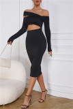 Cream White Fashion Sexy Solid Hollowed Out Off the Shoulder Long Sleeve Dresses