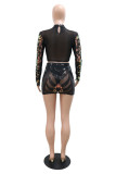 Black Fashion Sexy Patchwork Sequins See-through Half A Turtleneck Long Sleeve Two Pieces