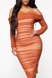 Brown Sexy Solid Split Joint Fold Off the Shoulder One Step Skirt Dresses