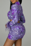 Purple Fashion Sexy Patchwork Sequins Asymmetrical Turtleneck Long Sleeve Two Pieces