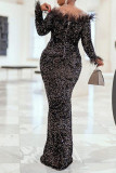 Black Elegant Solid Sequins Split Joint Feathers Off the Shoulder Evening Dress Dresses