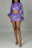 Purple Fashion Sexy Patchwork Sequins Asymmetrical Turtleneck Long Sleeve Two Pieces