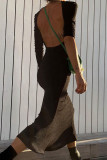 Black Sexy Solid Patchwork Backless Asymmetrical Collar Dresses