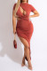 Red Sexy Solid Hollowed Out Patchwork Fold Asymmetrical O Neck Dresses