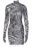 Zebra Fashion Sexy Print Basic Turtleneck Long Sleeve Dresses