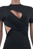 Red Sexy Solid Hollowed Out Patchwork Fold Asymmetrical O Neck Dresses