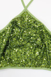 Green Sexy Solid Sequins Patchwork Halter Sleeveless Two Pieces